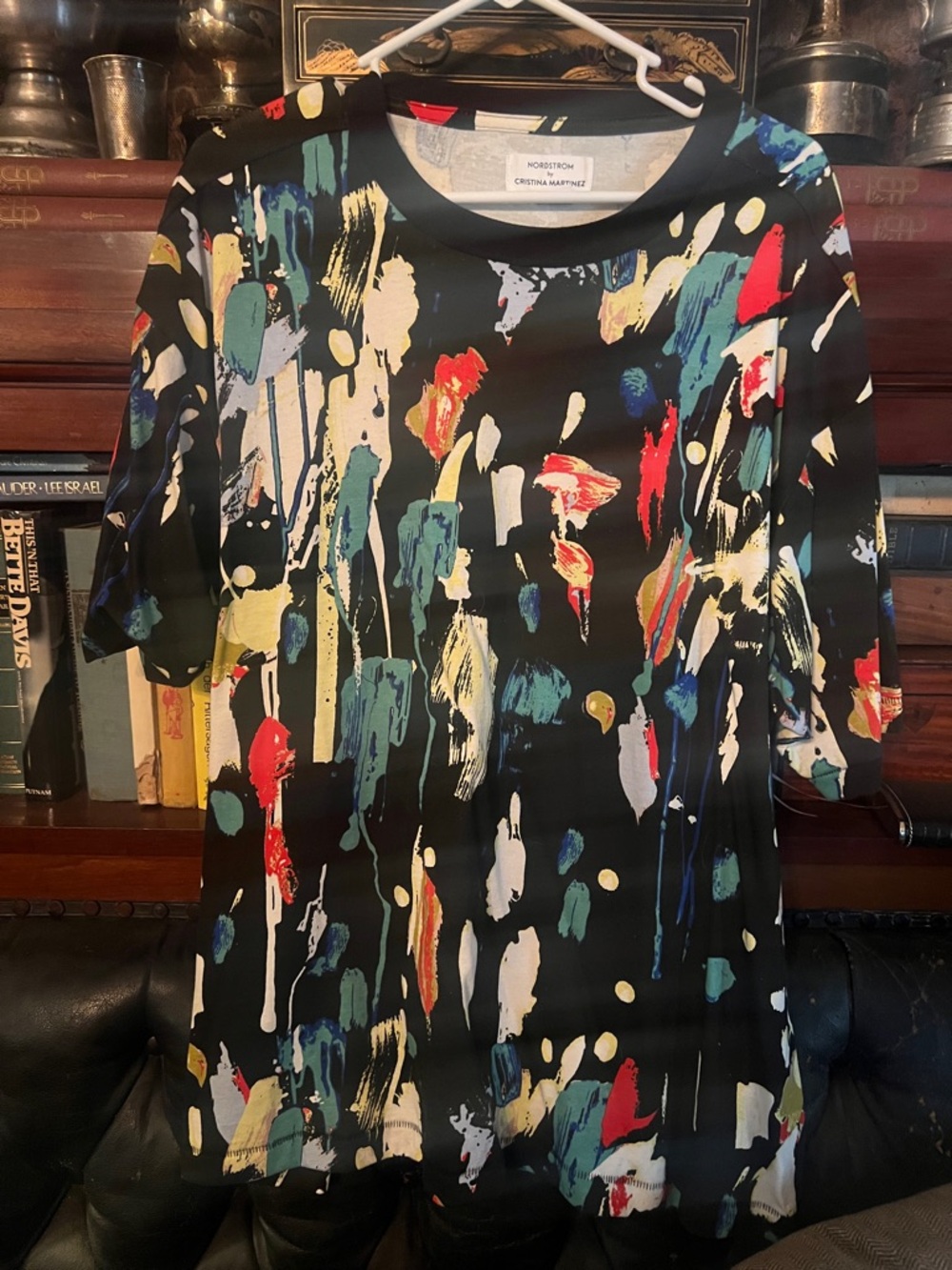 Cristina Martinez Black Tee with Multicolor Brushstroke Print